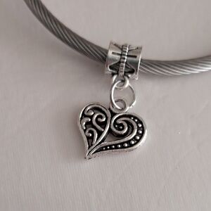 Silver Filigree Heart Dangle Charm for Pandora Style Bracelet‎